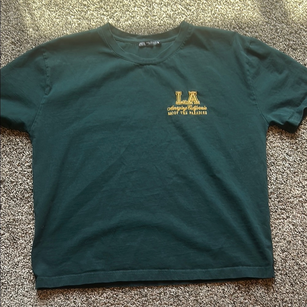 Zara Dark Green Short Sleeve Tee with Yellow Print